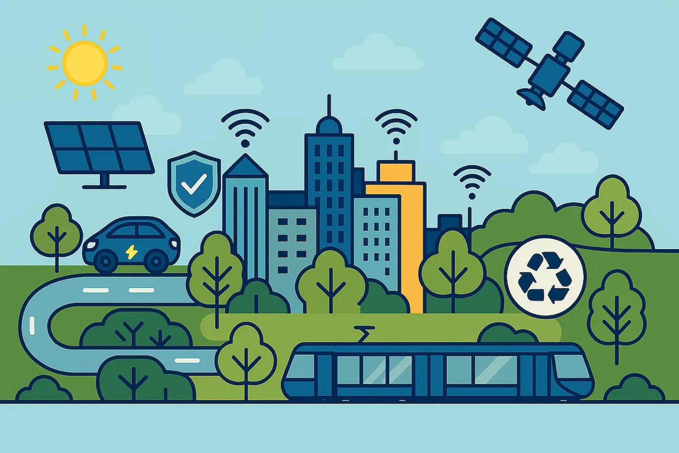 L'immagine, in stile infografica, rappresenta una smart city